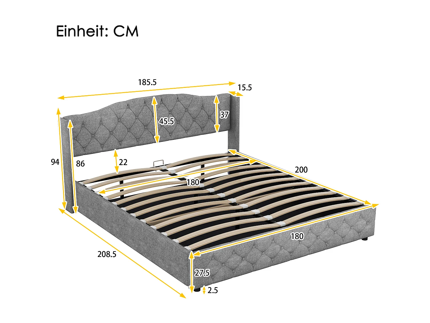 Lit simple 180x200 cm multifonctionnel avec rangement hydraulique, plateforme pratique, espace optimisé, Gris