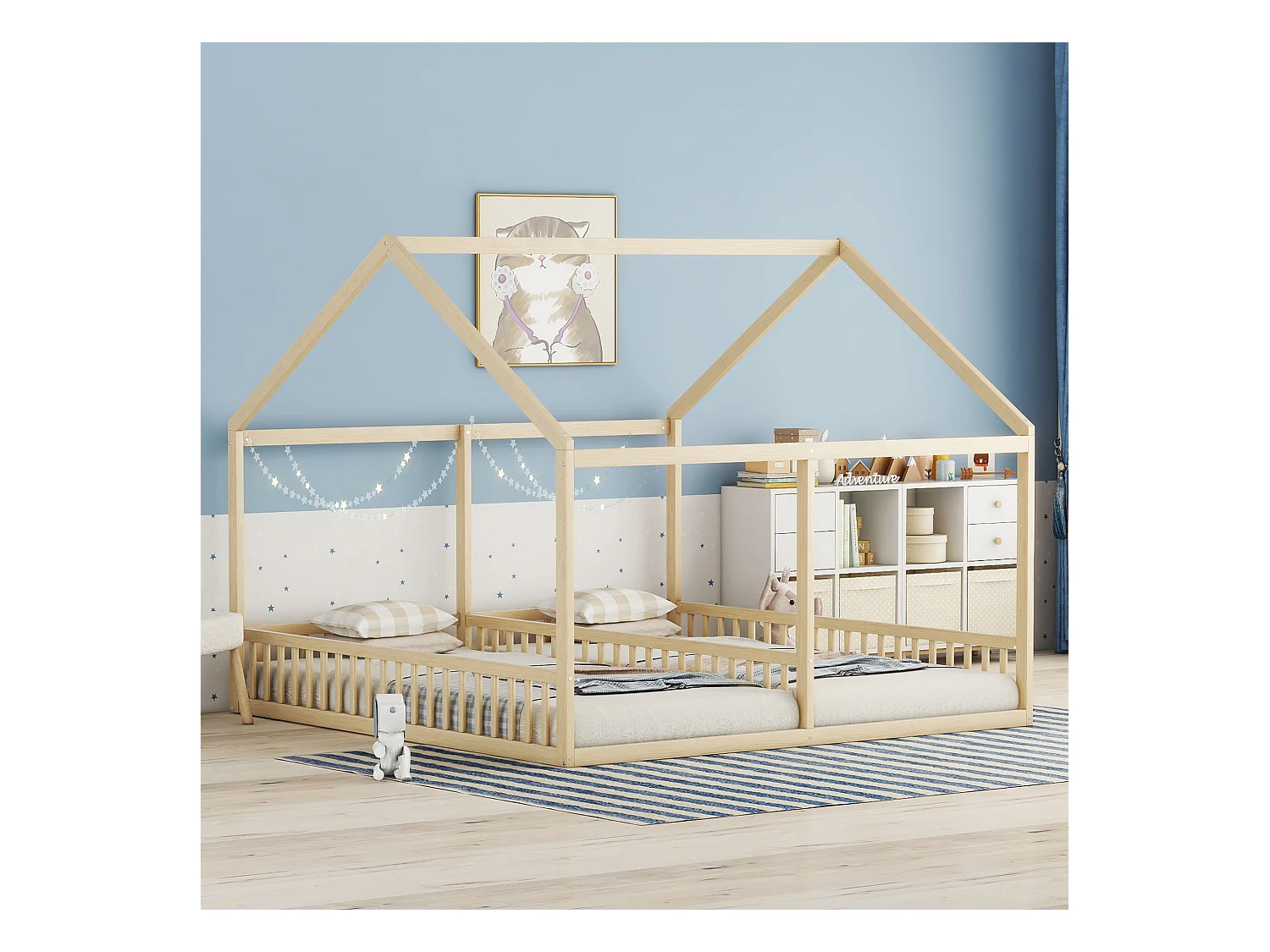 Lit cabane 90x200 cm naturel 2-en-1, style maison, bois massif, design simple et chaleureux pour enfants