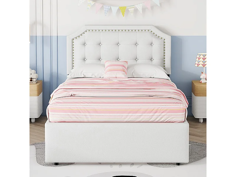 Lit rembourré 90x200 cm beige clair avec tête de lit à clous, deux tiroirs, style épuré et espace optimisé