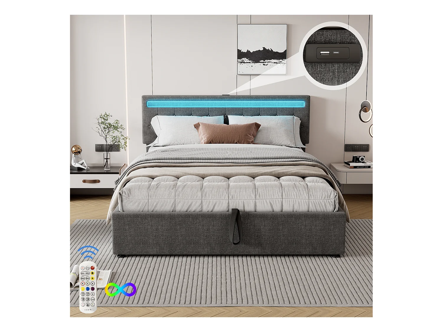 Lit plat 160x200 cm, structure rembourrée, éclairage LED, télécommande 24 touches, relevable, prises USB et Type-C, grand rangement, Gris