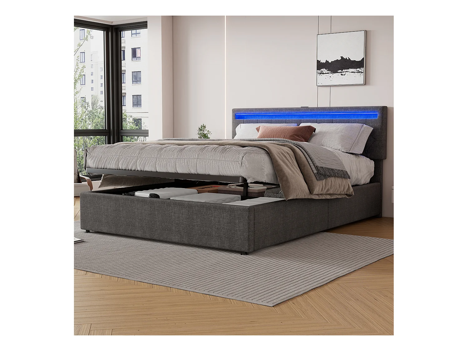 Lit plat 160x200 cm, structure rembourrée, éclairage LED, télécommande 24 touches, relevable, prises USB et Type-C, grand rangement, Gris