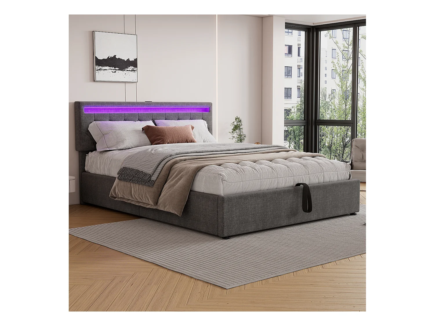 Lit plat 160x200 cm, structure rembourrée, éclairage LED, télécommande 24 touches, relevable, prises USB et Type-C, grand rangement, Gris