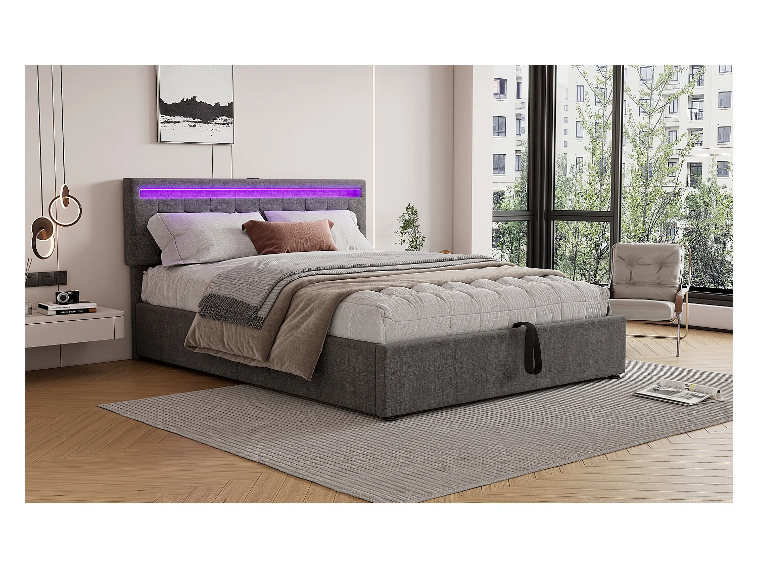 Lit plat 160x200 cm, structure rembourrée, éclairage LED, télécommande 24 touches, relevable, prises USB et Type-C, grand rangement, Gris