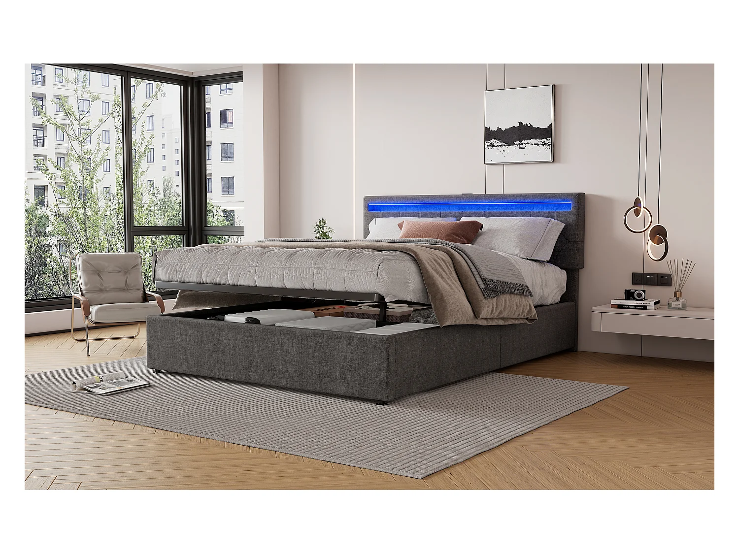 Lit plat 160x200 cm, structure rembourrée, éclairage LED, télécommande 24 touches, relevable, prises USB et Type-C, grand rangement, Gris