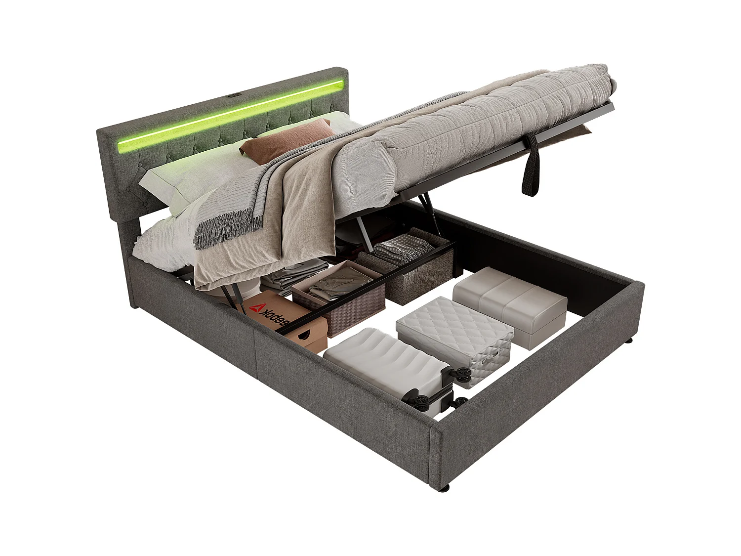 Lit plat 160x200 cm, structure rembourrée, éclairage LED, télécommande 24 touches, relevable, prises USB et Type-C, grand rangement, Gris