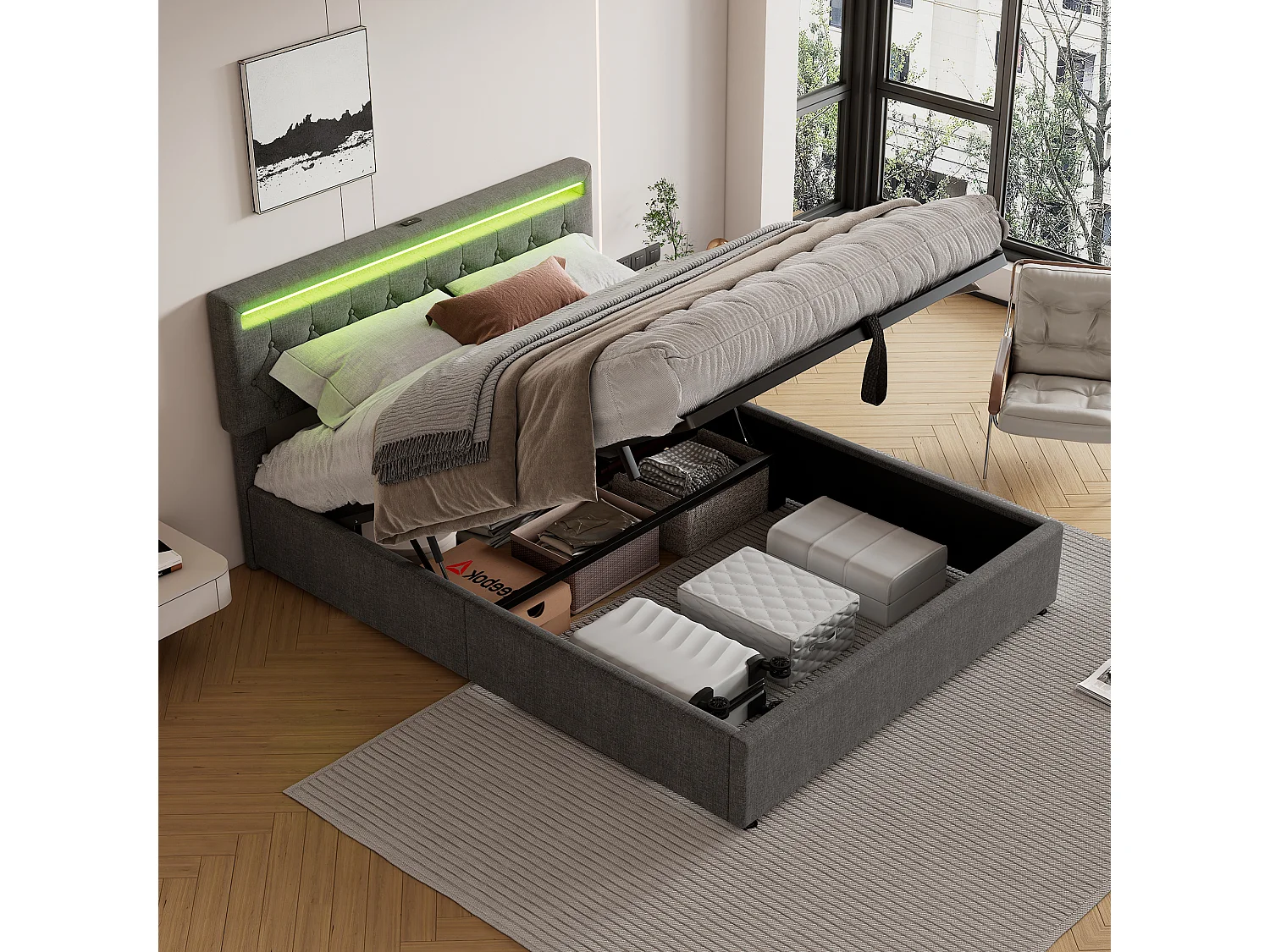 Lit plat 160x200 cm, structure rembourrée, éclairage LED, télécommande 24 touches, relevable, prises USB et Type-C, grand rangement, Gris