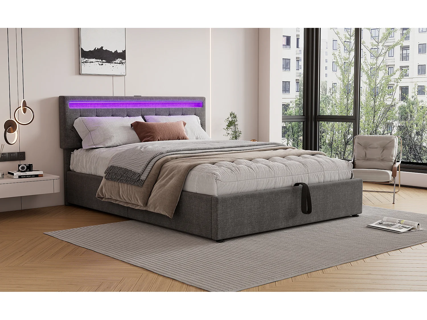 Lit plat 160x200 cm, structure rembourrée, éclairage LED, télécommande 24 touches, relevable, prises USB et Type-C, grand rangement, Gris