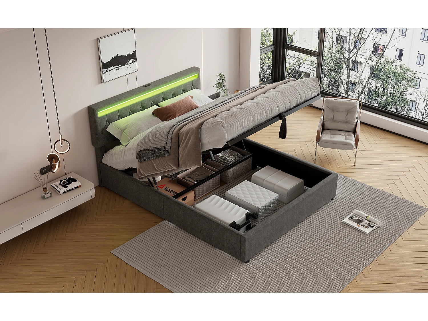 Lit plat 160x200 cm, structure rembourrée, éclairage LED, télécommande 24 touches, relevable, prises USB et Type-C, grand rangement, Gris