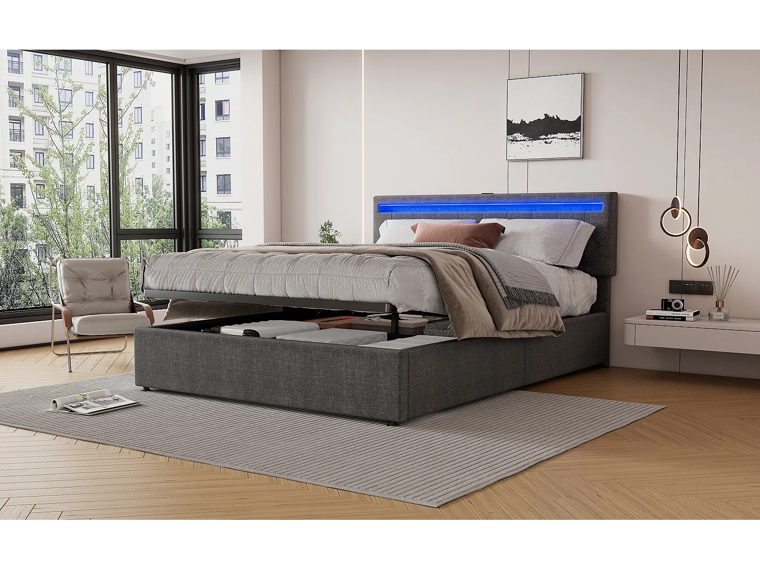 Lit plat 160x200 cm, structure rembourrée, éclairage LED, télécommande 24 touches, relevable, prises USB et Type-C, grand rangement, Gris