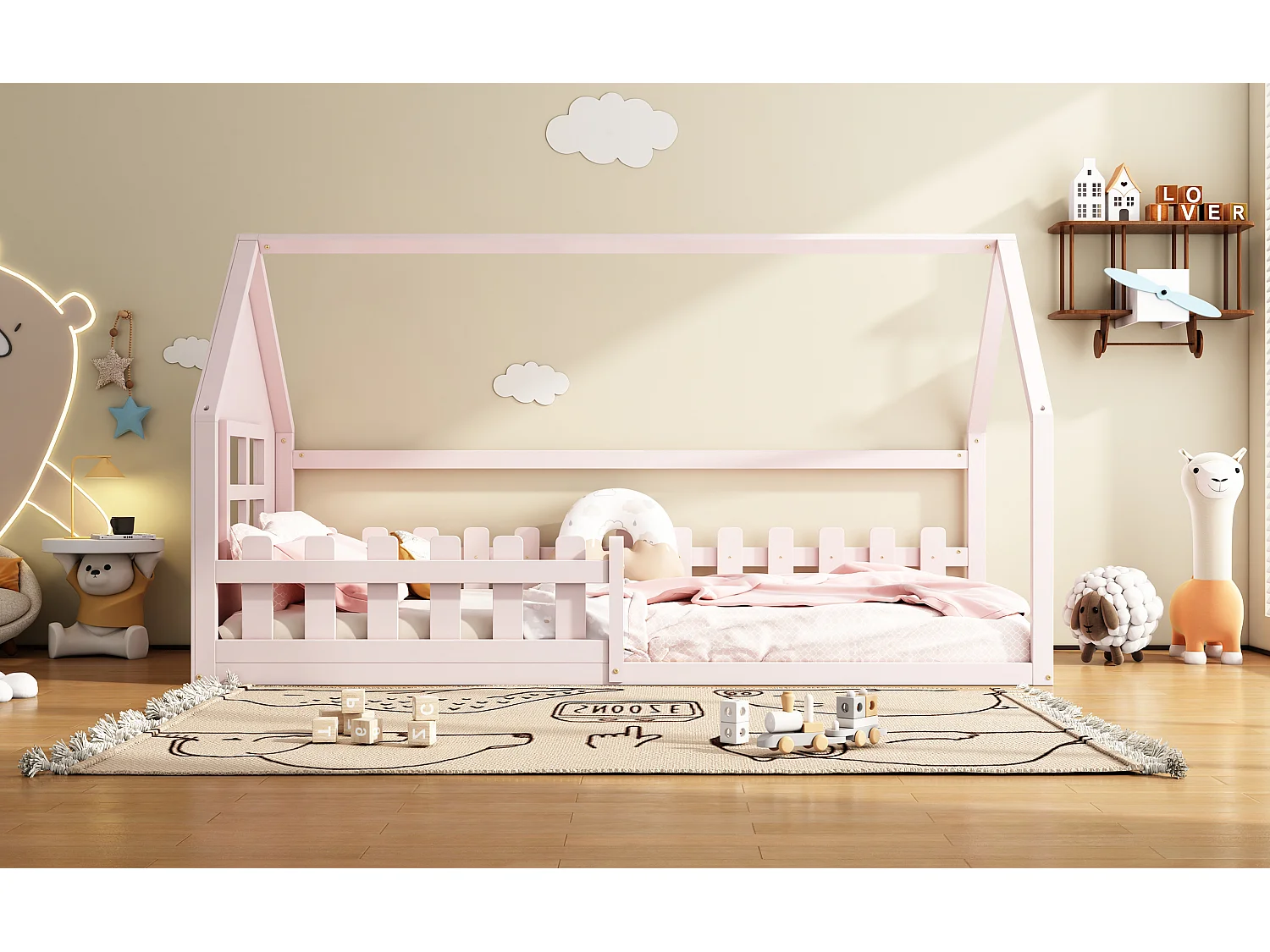 Lit simple 90x200 cm pour enfant, lit en forme de maison avec bordure décorative, Rose