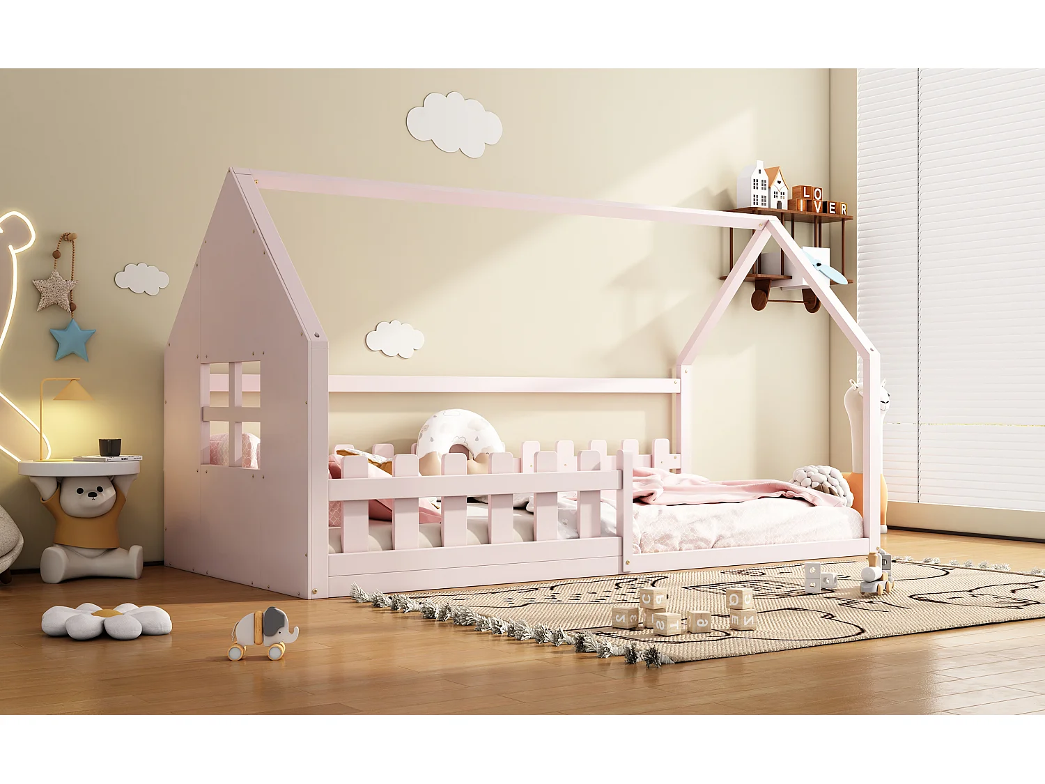 Lit simple 90x200 cm pour enfant, lit en forme de maison avec bordure décorative, Rose