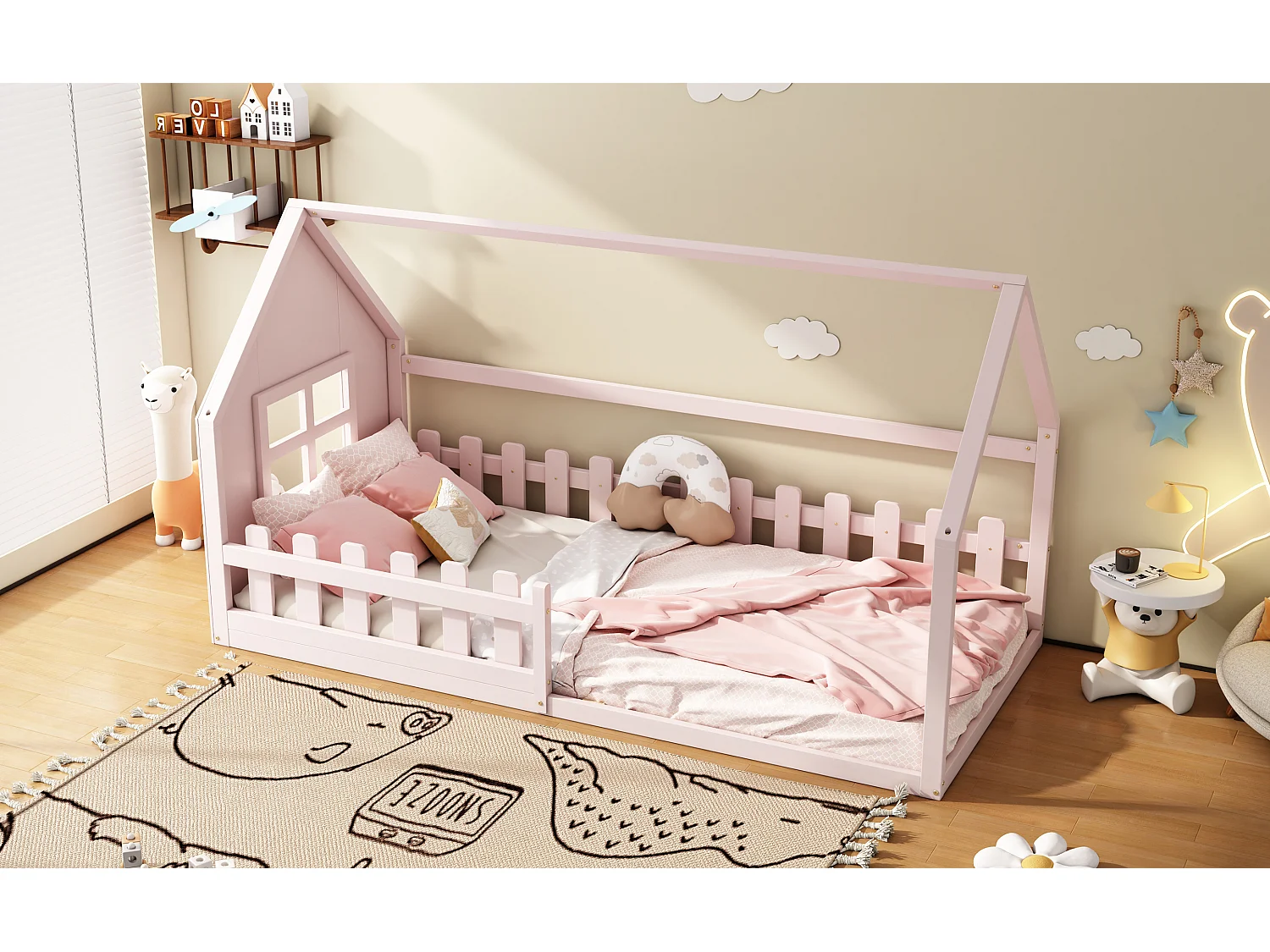 Lit simple 90x200 cm pour enfant, lit en forme de maison avec bordure décorative, Rose
