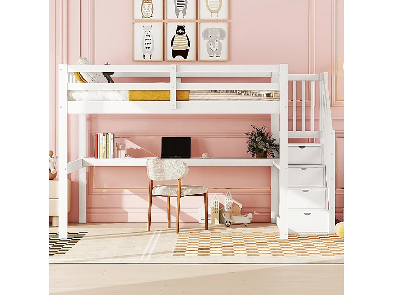 Lit mezzanine 140x200 cm, lit pour enfant avec tiroirs et bureau sous le lit, sans matelas, Blanc