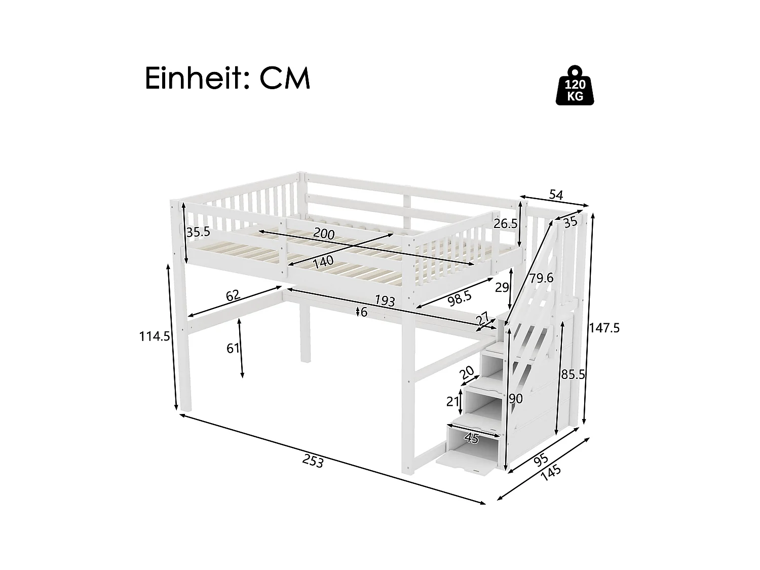 Lit mezzanine 140x200 cm, lit pour enfant avec tiroirs et bureau sous le lit, sans matelas, Blanc