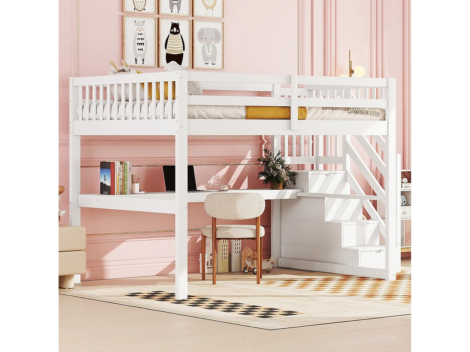 Lit mezzanine 140x200 cm, lit pour enfant avec tiroirs et bureau sous le lit, sans matelas, Blanc