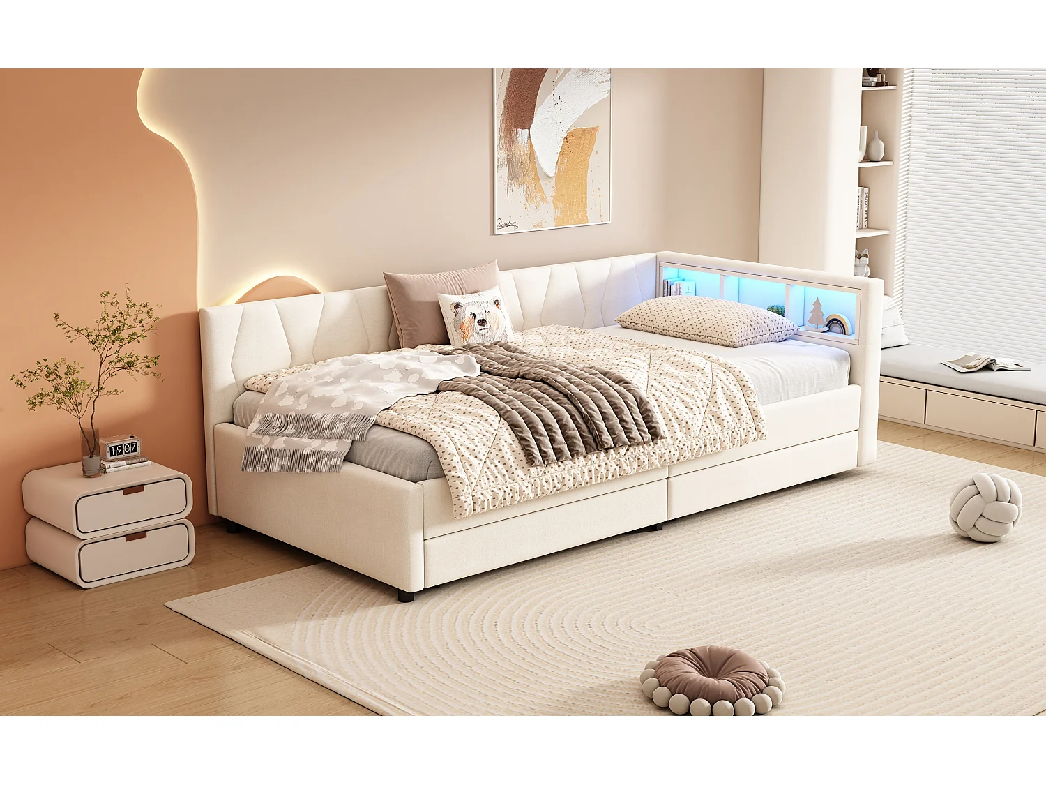 Lit banquette 90x200 cm beige avec LED, télécommande, ports USB et Type-C, deux tiroirs et espace de rangement intégré