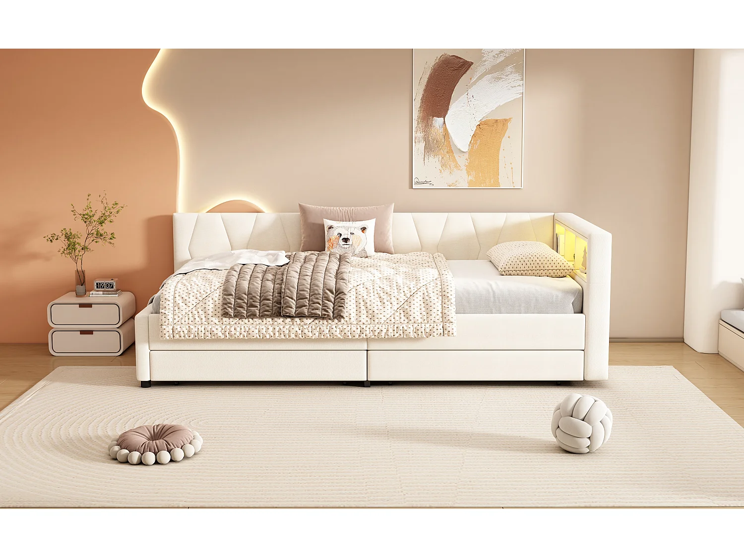 Lit banquette 90x200 cm beige avec LED, télécommande, ports USB et Type-C, deux tiroirs et espace de rangement intégré
