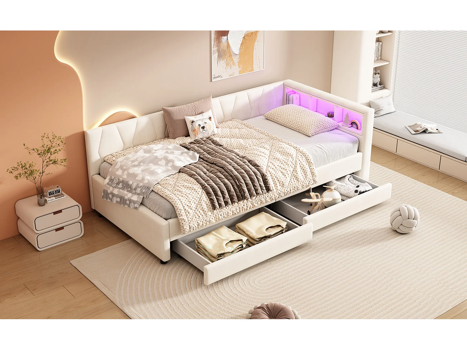 Lit banquette 90x200 cm beige avec LED, télécommande, ports USB et Type-C, deux tiroirs et espace de rangement intégré