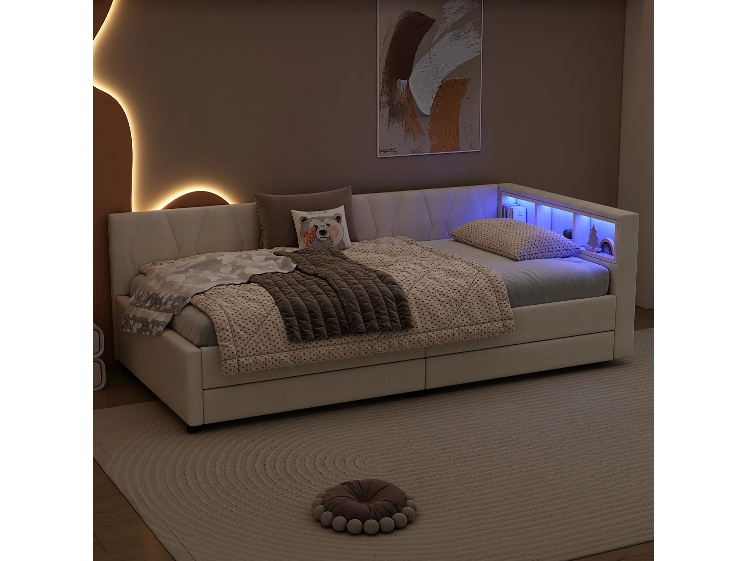 Lit banquette 90x200 cm beige avec LED, télécommande, ports USB et Type-C, deux tiroirs et espace de rangement intégré