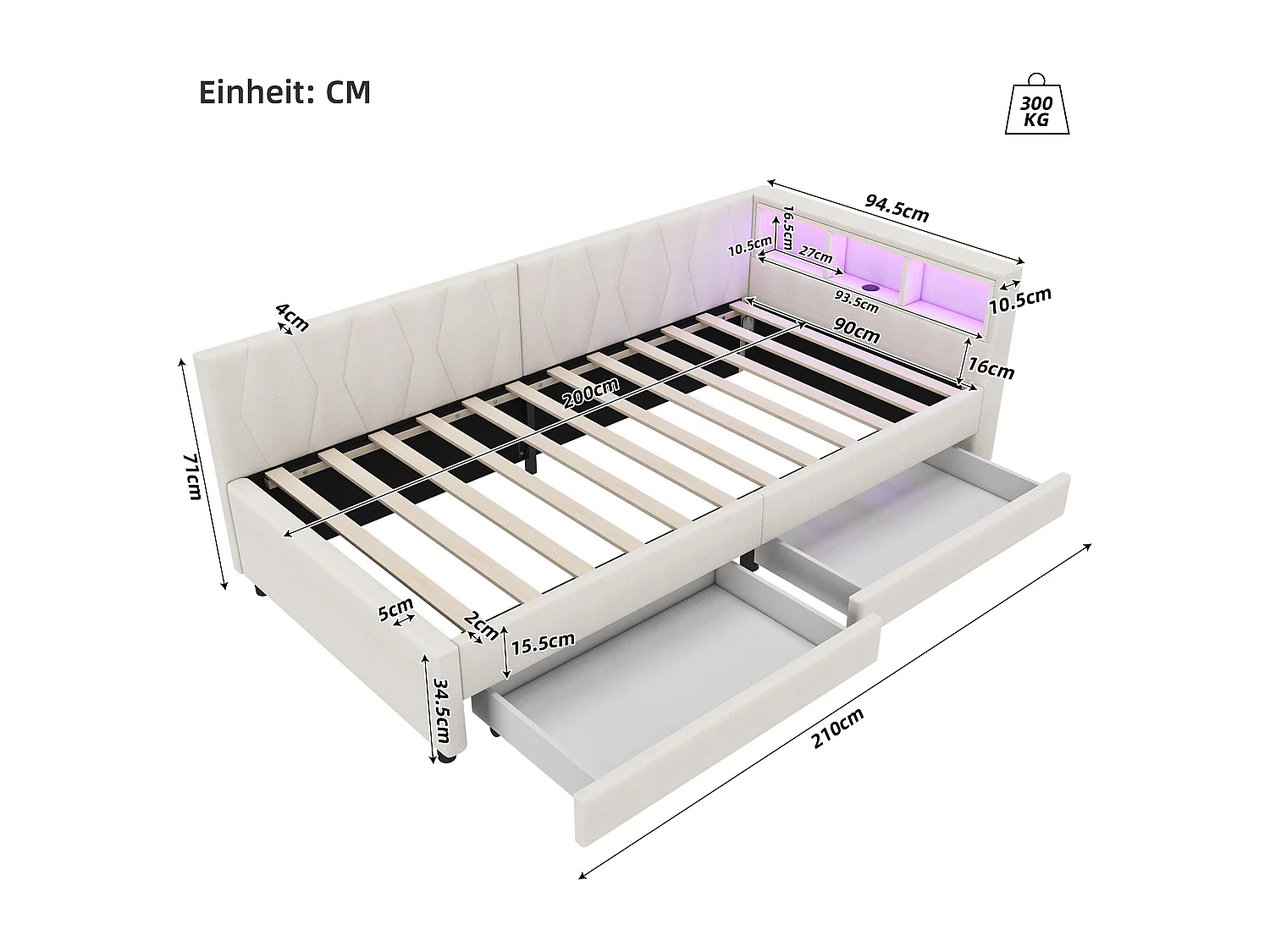 Lit banquette 90x200 cm beige avec LED, télécommande, ports USB et Type-C, deux tiroirs et espace de rangement intégré