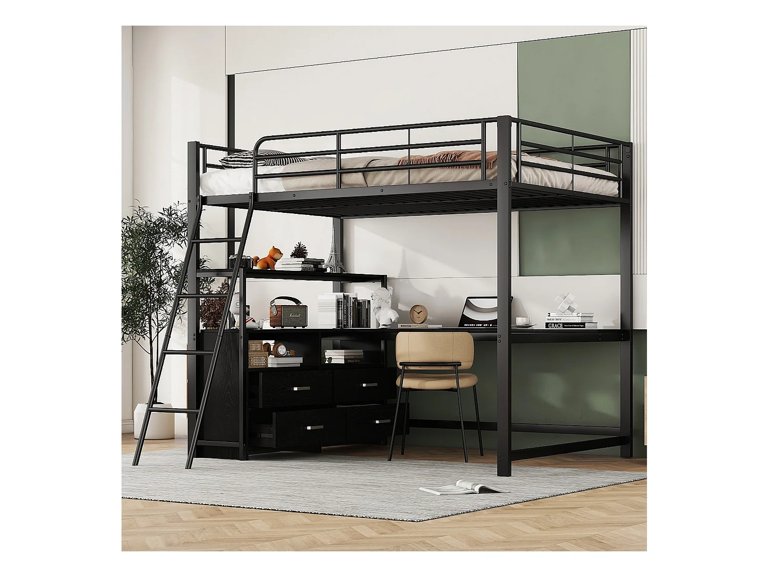 Lit mezzanine 140x200 cm, cadre métal, tiroirs pratiques, bureau L design, laminé, sans matelas, Noir