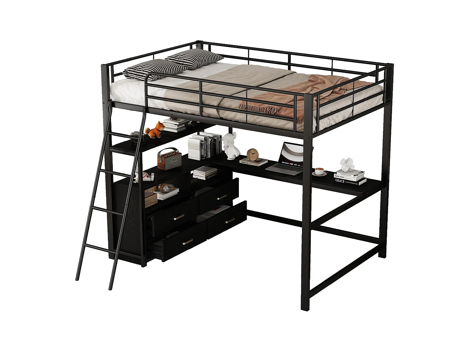 Lit mezzanine 140x200 cm, cadre métal, tiroirs pratiques, bureau L design, laminé, sans matelas, Noir