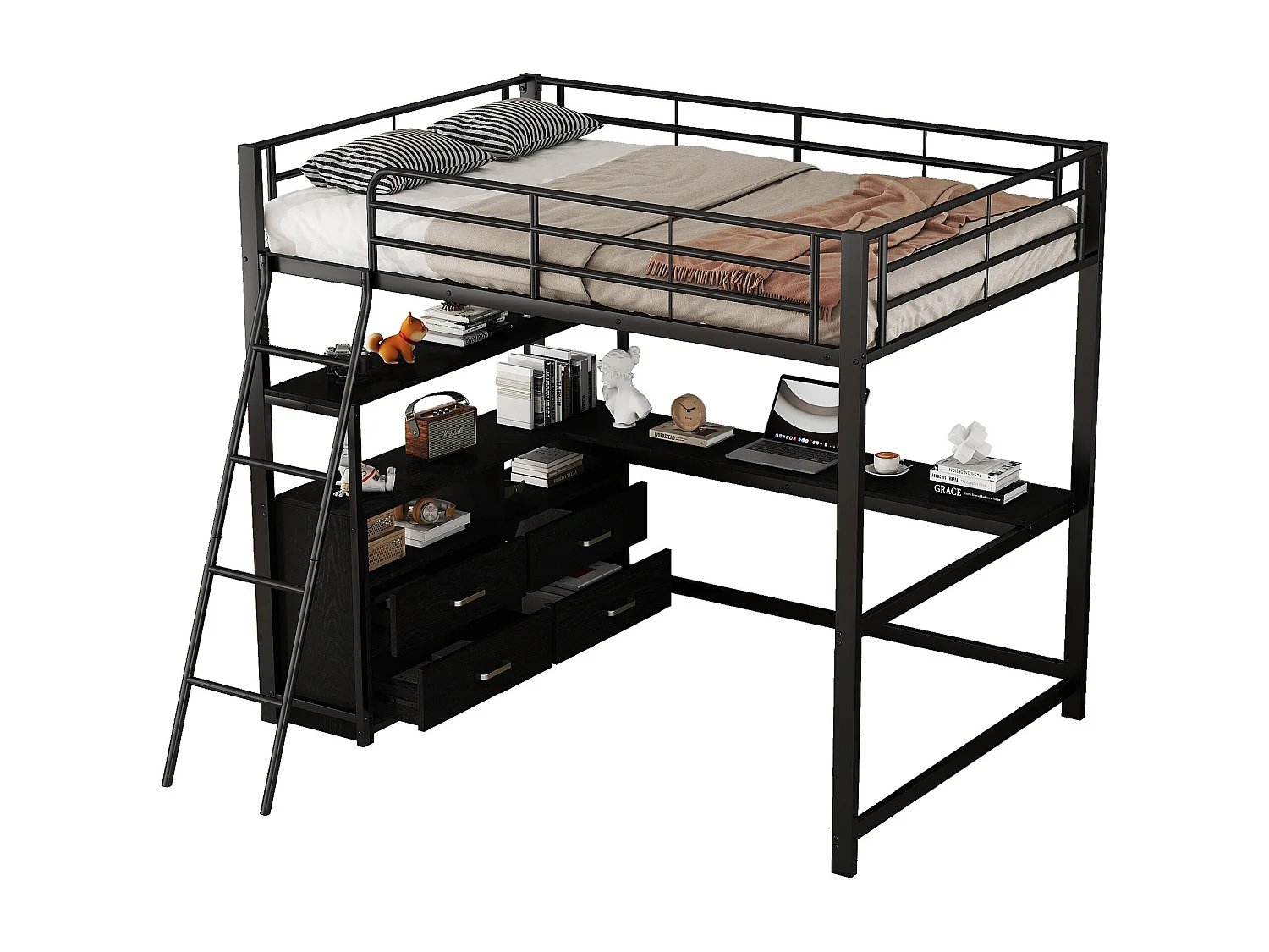 Lit mezzanine 140x200 cm, cadre métal, tiroirs pratiques, bureau L design, laminé, sans matelas, Noir