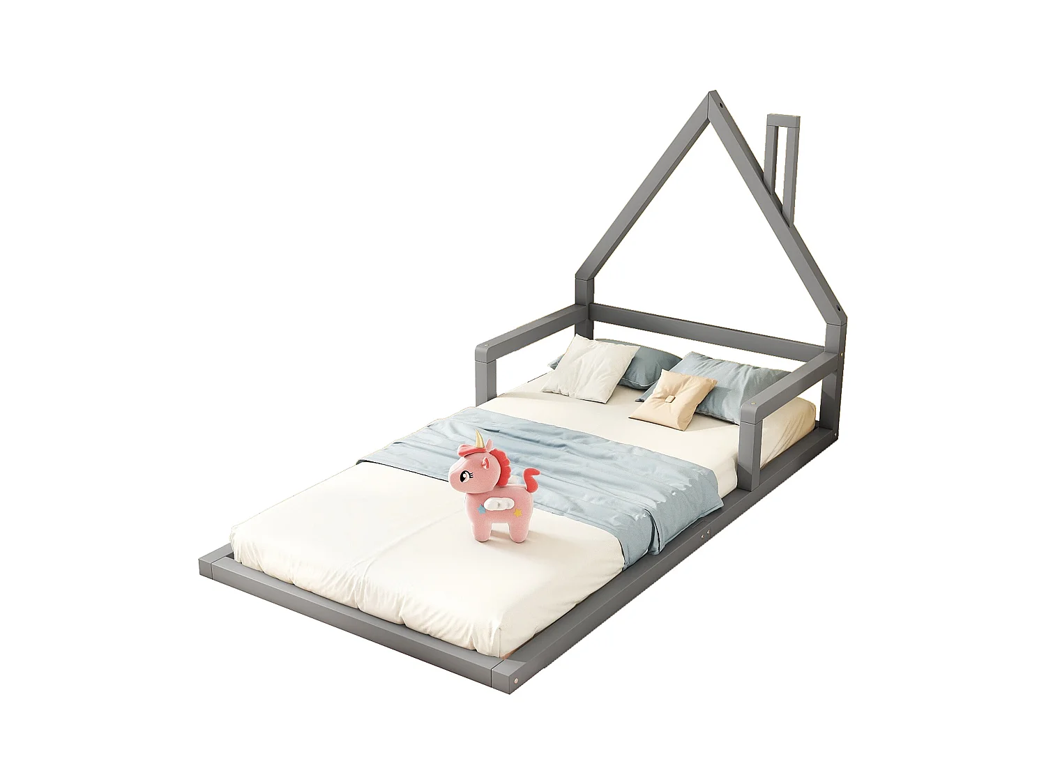 Lit cabane enfant 90x200 cm gris en pin massif, design maison, style minimaliste, idéal pour une chambre moderne