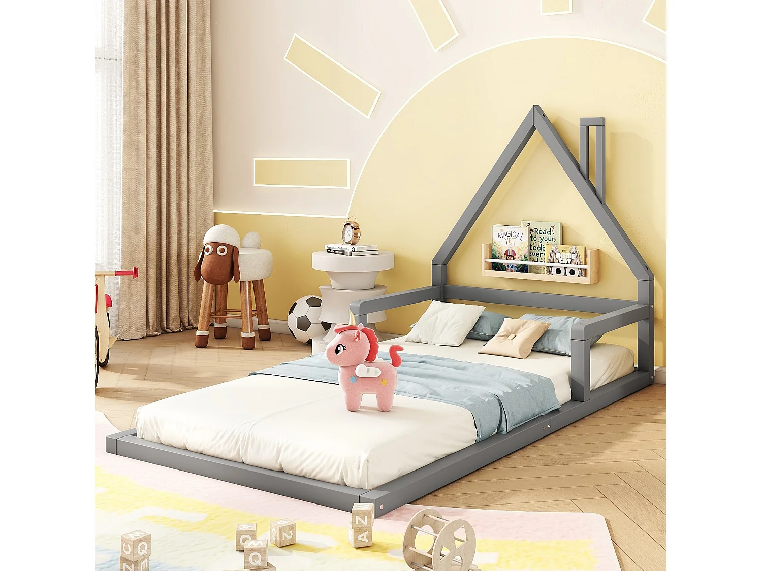 Lit cabane enfant 90x200 cm gris en pin massif, design maison, style minimaliste, idéal pour une chambre moderne