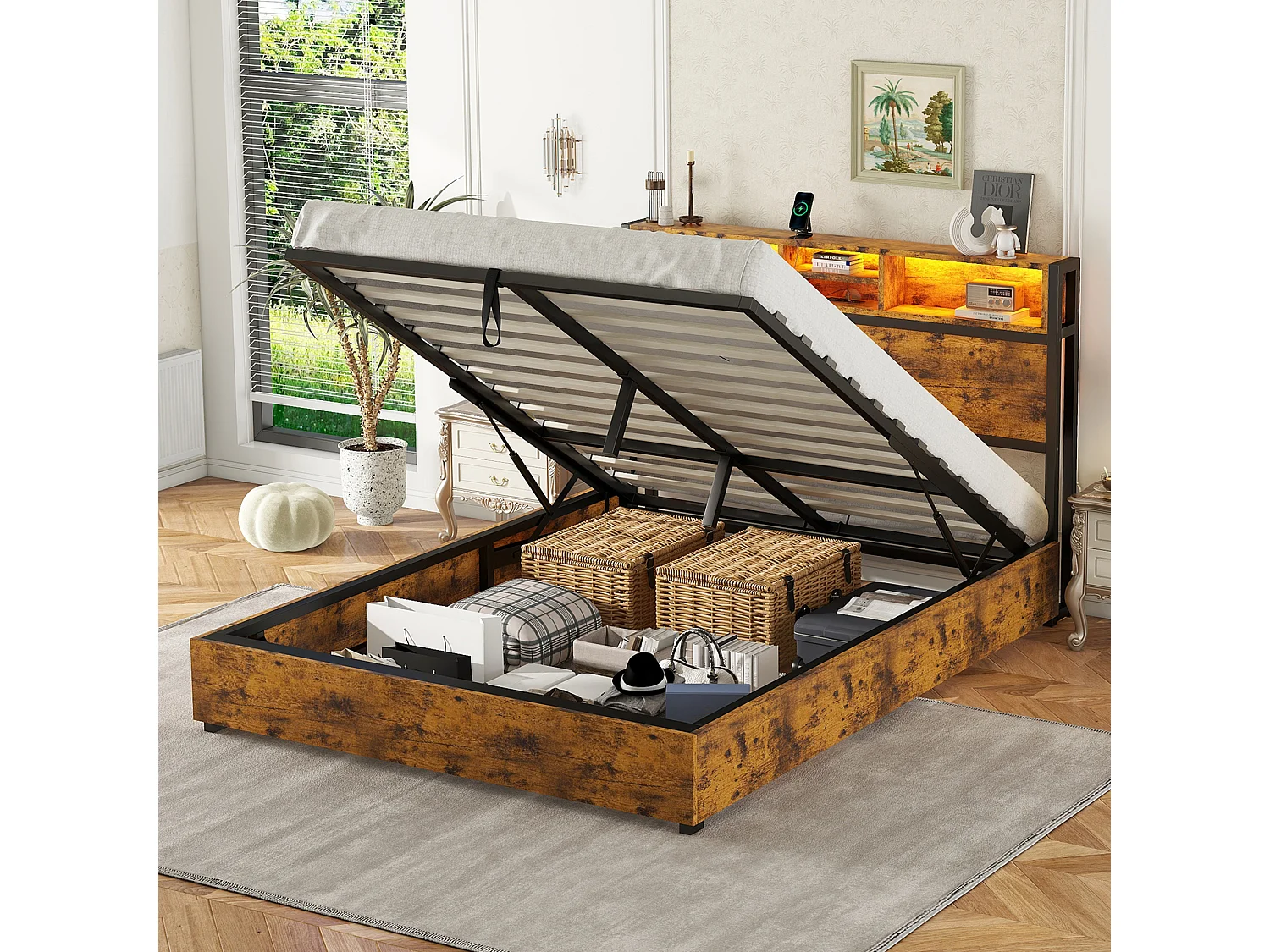 Lit double 140x200 cm, lit plat avec mécanisme hydraulique, LED multicolore, télécommande 24 touches, grand rangement, Marron