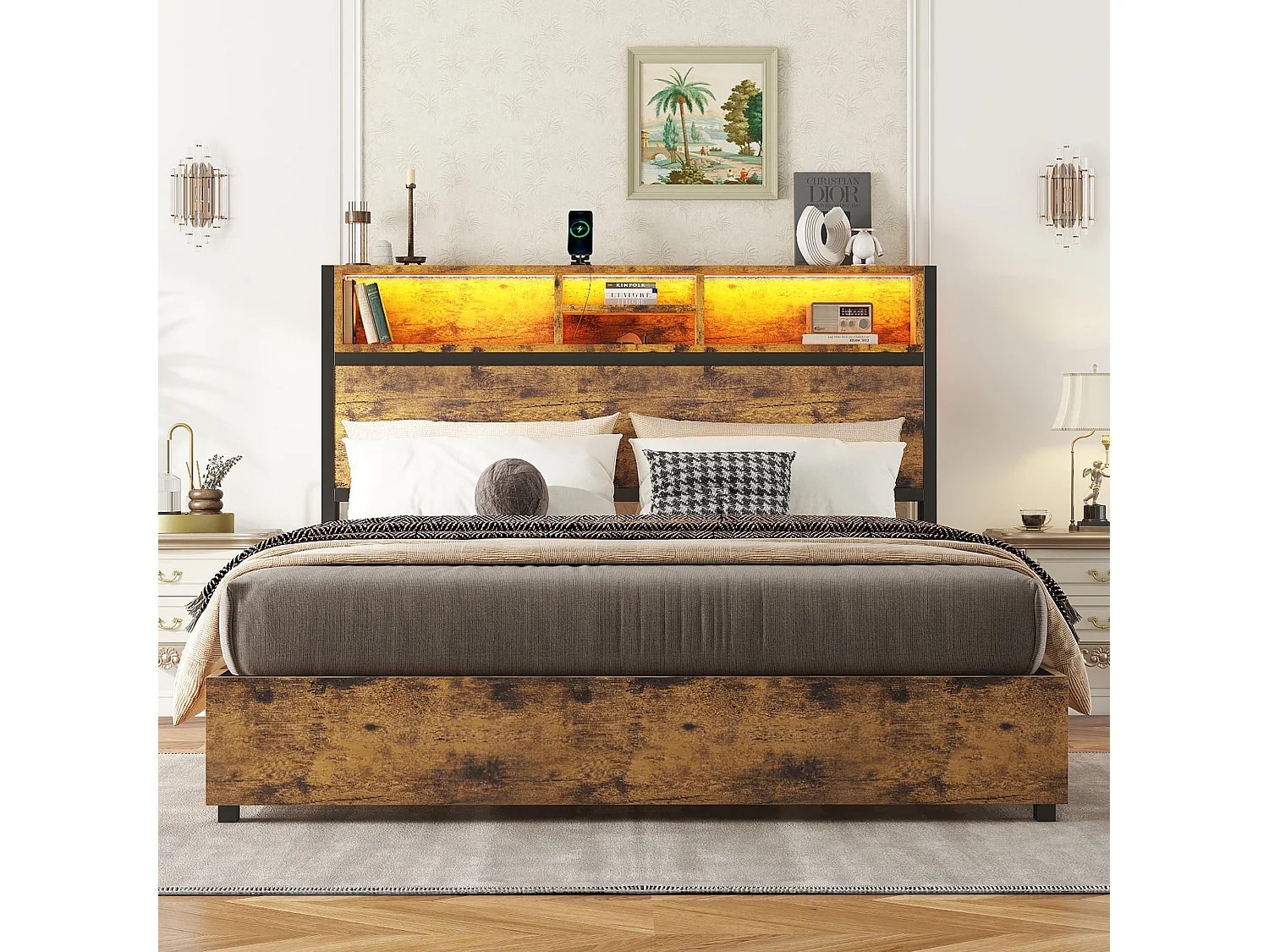 Lit double 140x200 cm, lit plat avec mécanisme hydraulique, LED multicolore, télécommande 24 touches, grand rangement, Marron