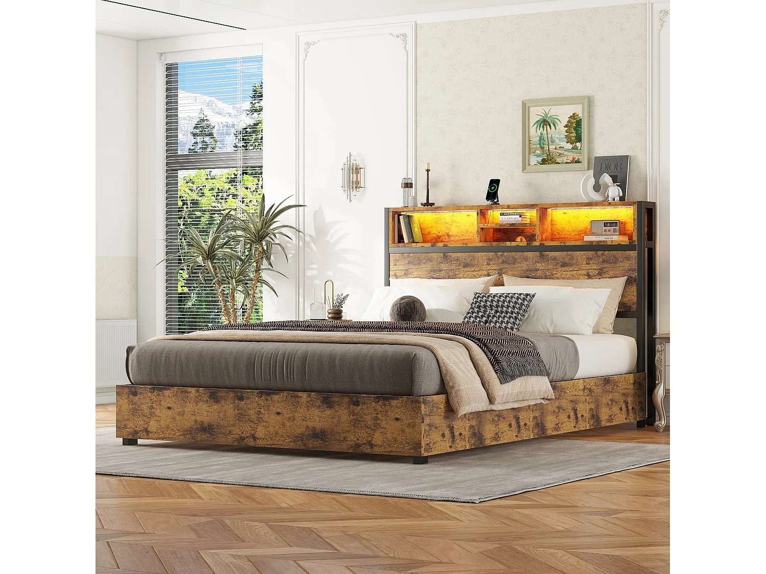 Lit double 140x200 cm, lit plat avec mécanisme hydraulique, LED multicolore, télécommande 24 touches, grand rangement, Marron