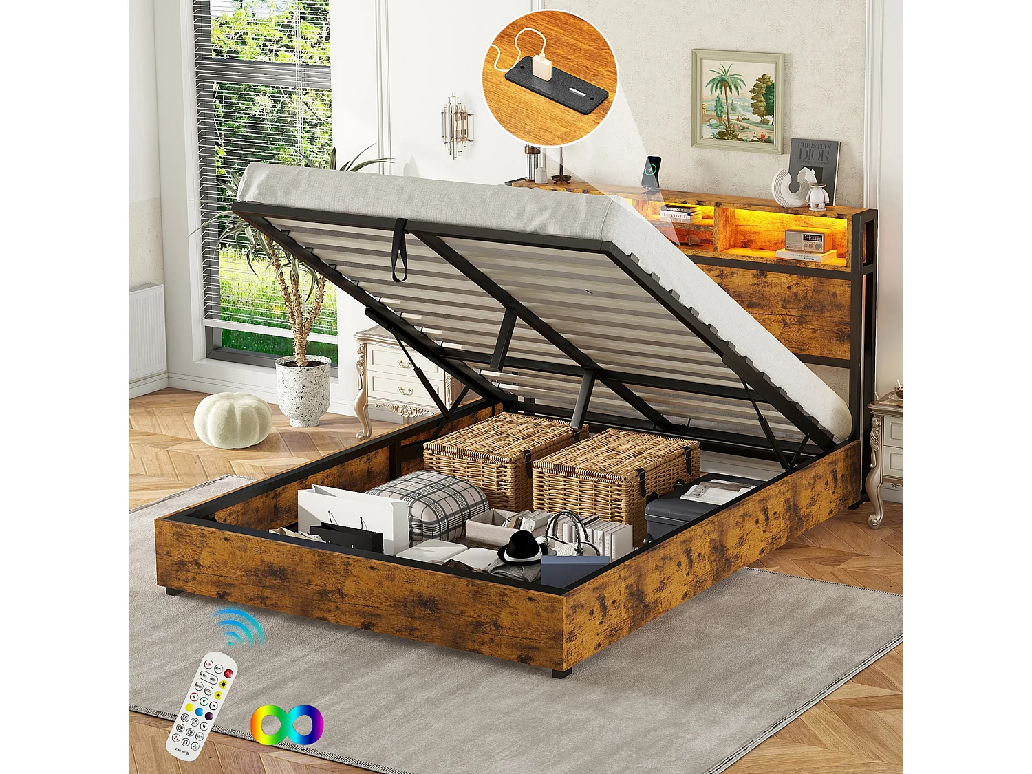 Lit double 140x200 cm, lit plat avec mécanisme hydraulique, LED multicolore, télécommande 24 touches, grand rangement, Marron