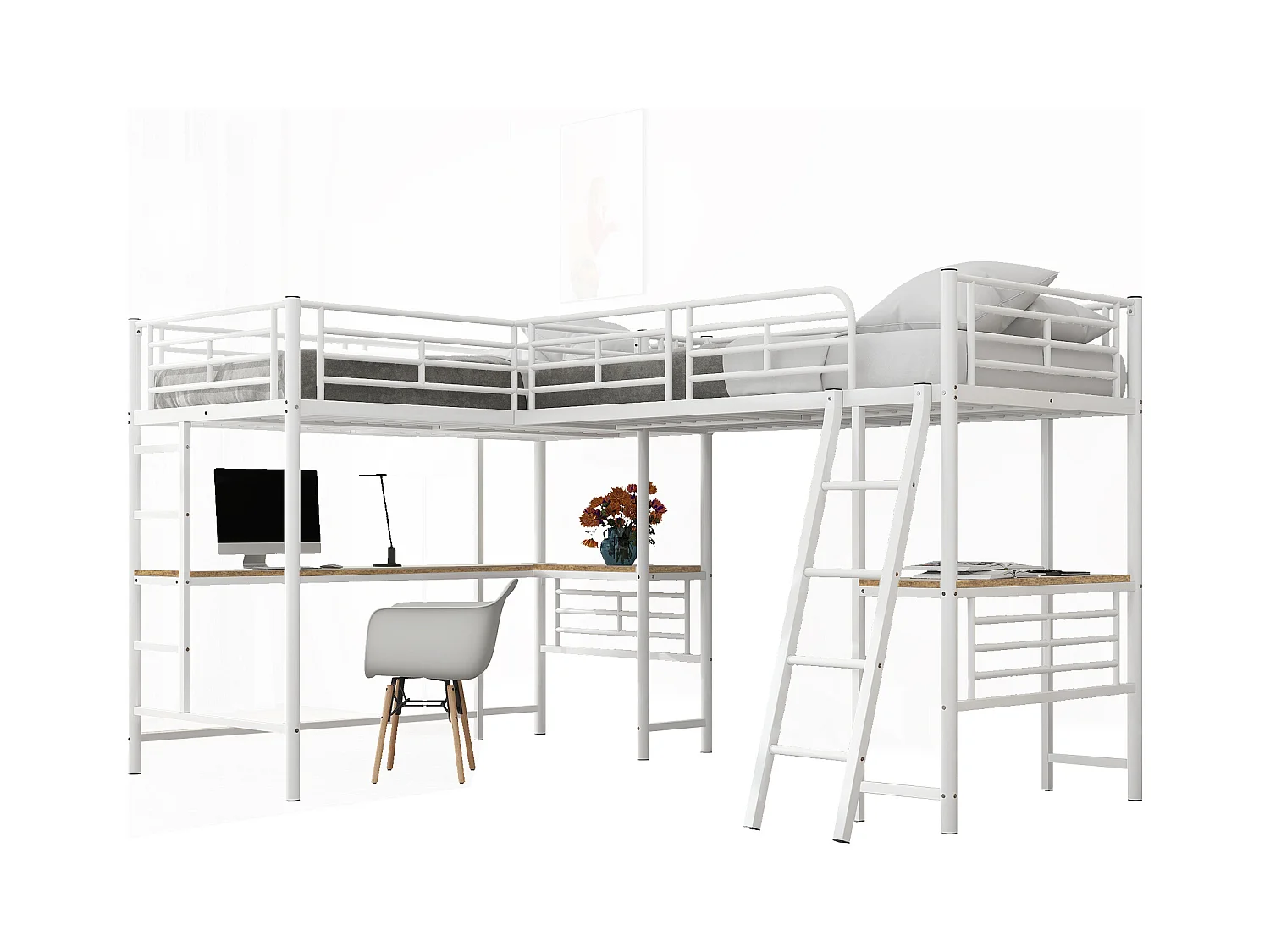 Lit mezzanine 90x200 cm blanc, deux couchages, bureau sous le lit, double escalier et garde-corps sécurisé