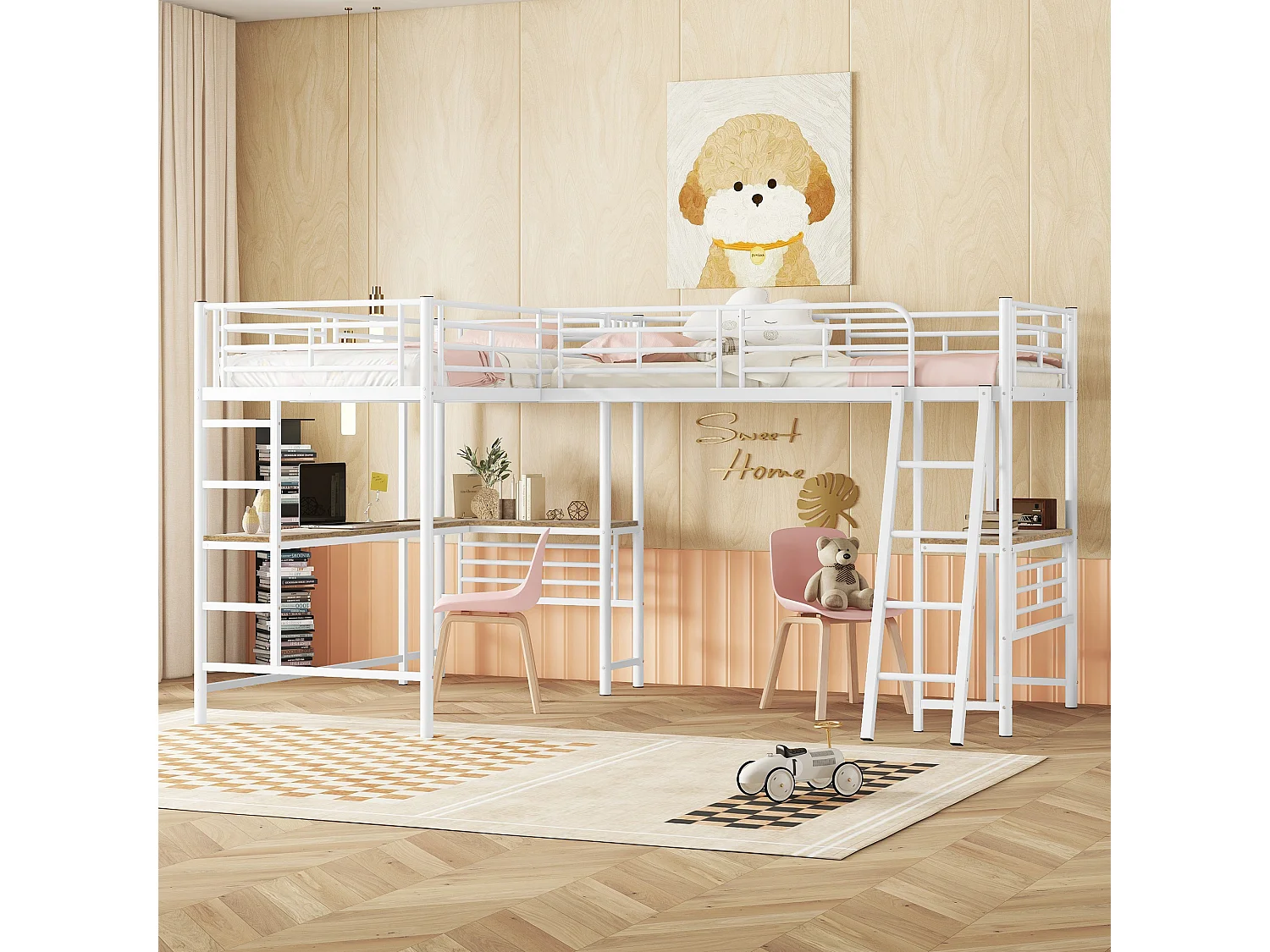 Lit mezzanine 90x200 cm blanc, deux couchages, bureau sous le lit, double escalier et garde-corps sécurisé