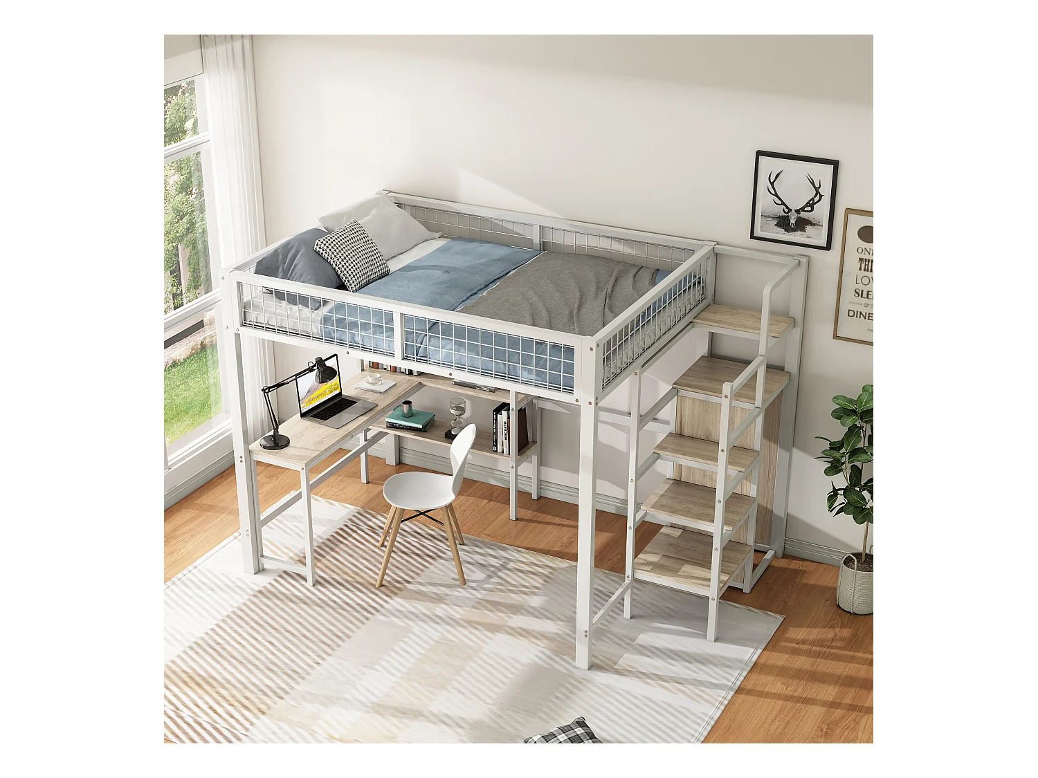 Lit mezzanine 140x200 cm, cadre en métal, échelle et étagères, sans matelas, armoire intégrée, bureau, Blanc