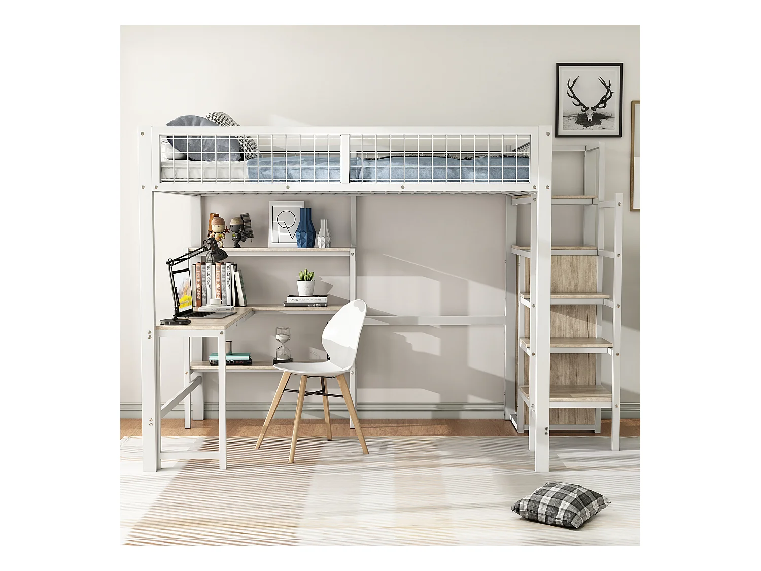 Lit mezzanine 140x200 cm, cadre en métal, échelle et étagères, sans matelas, armoire intégrée, bureau, Blanc