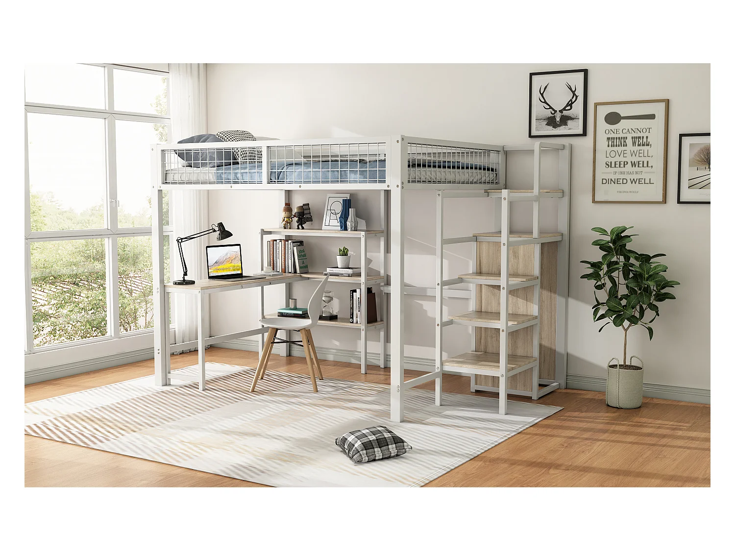 Lit mezzanine 140x200 cm, cadre en métal, échelle et étagères, sans matelas, armoire intégrée, bureau, Blanc