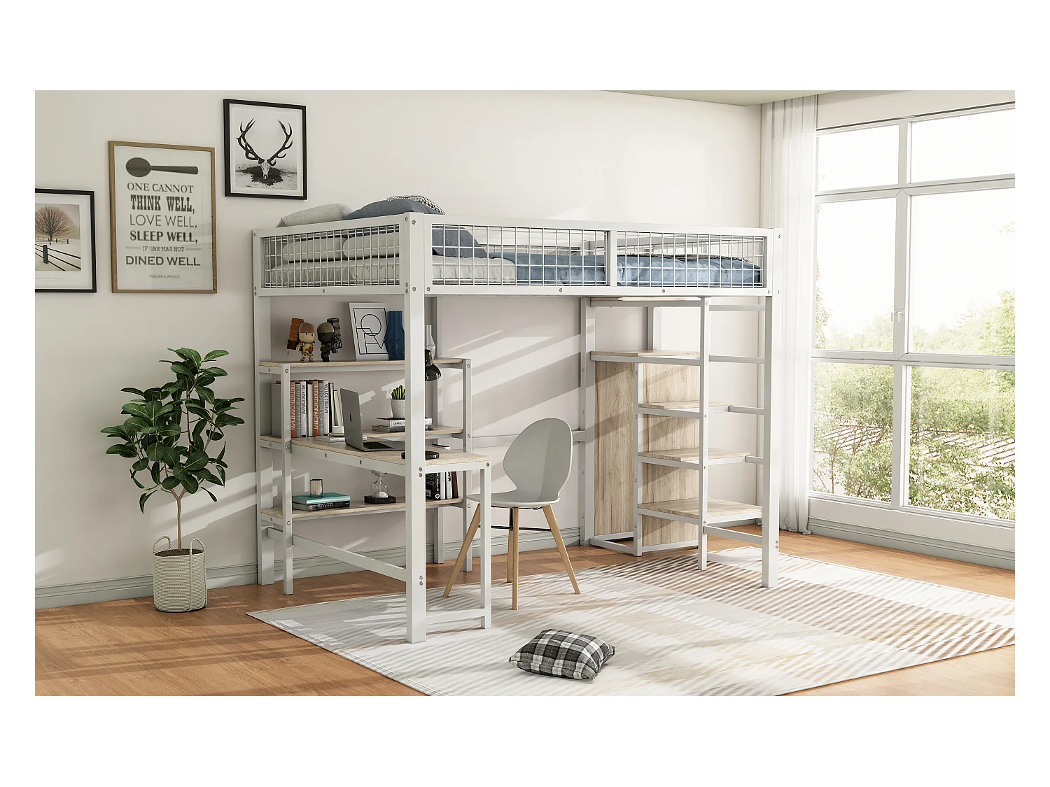 Lit mezzanine 140x200 cm, cadre en métal, échelle et étagères, sans matelas, armoire intégrée, bureau, Blanc