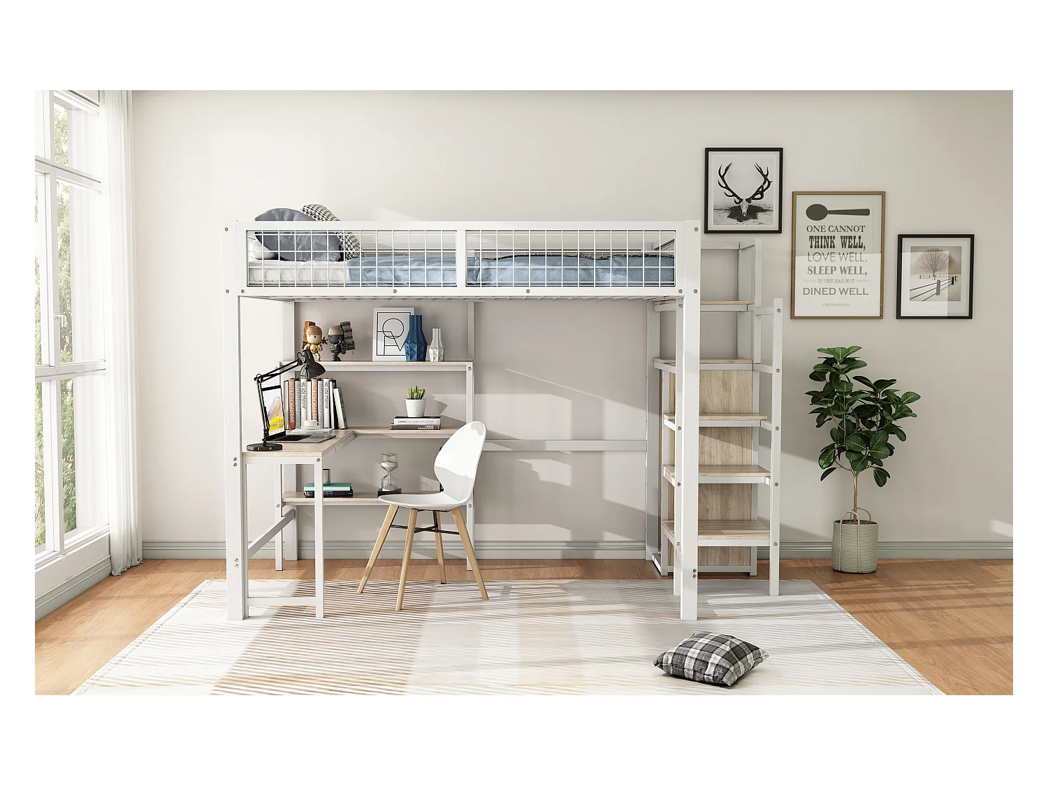 Lit mezzanine 140x200 cm, cadre en métal, échelle et étagères, sans matelas, armoire intégrée, bureau, Blanc