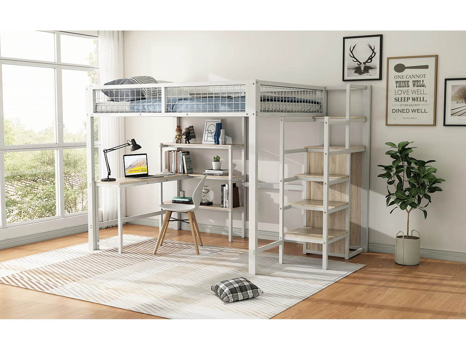 Halfhoogslaper 140x200 cm, metalen frame, ladder en planken, zonder matras, ingebouwde kast, bureau, Wit