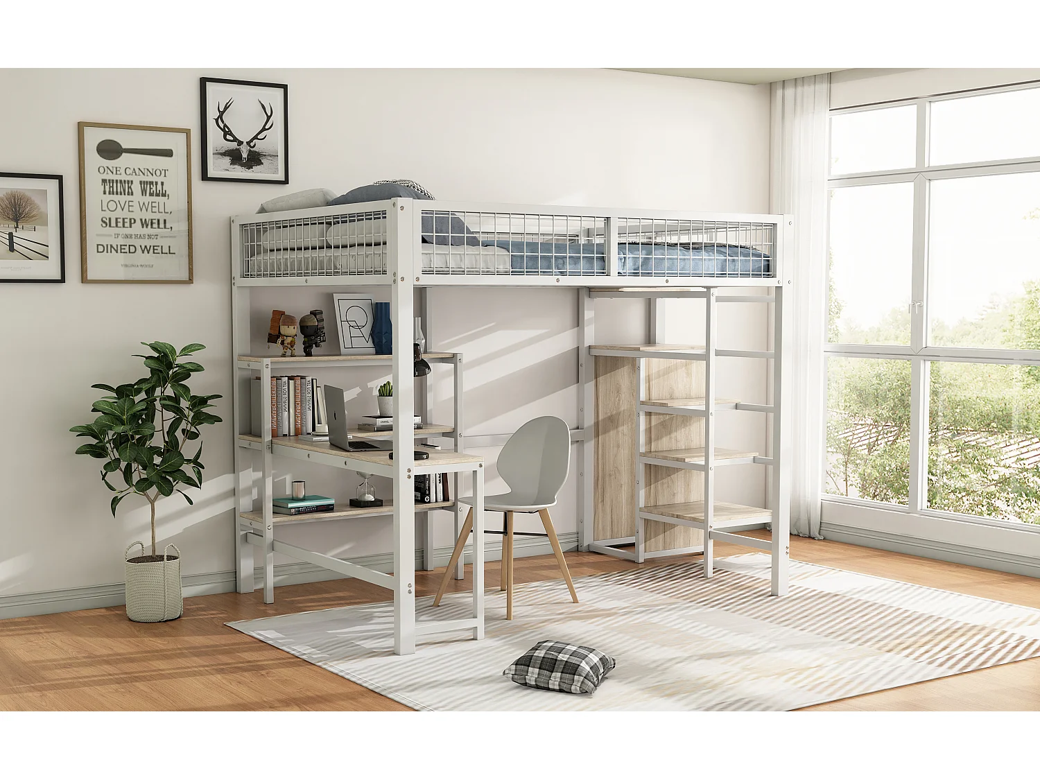 Halfhoogslaper 140x200 cm, metalen frame, ladder en planken, zonder matras, ingebouwde kast, bureau, Wit