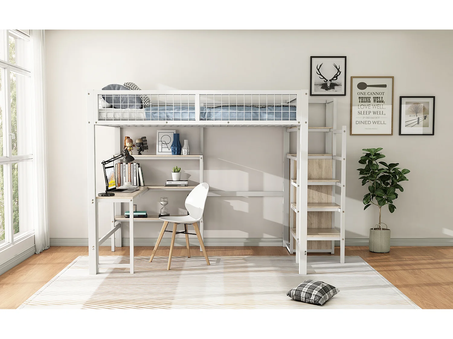 Halfhoogslaper 140x200 cm, metalen frame, ladder en planken, zonder matras, ingebouwde kast, bureau, Wit