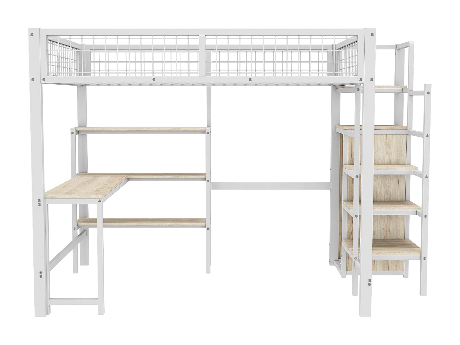 Halfhoogslaper 140x200 cm, metalen frame, ladder en planken, zonder matras, ingebouwde kast, bureau, Wit