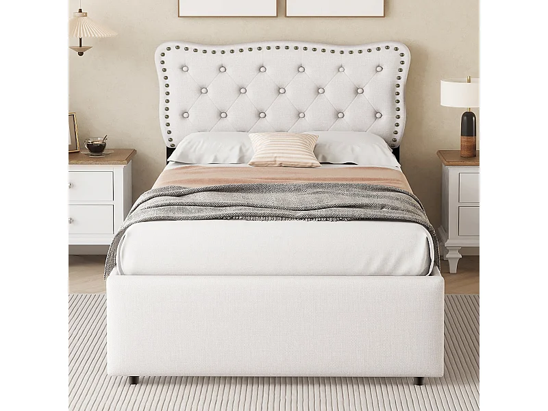 Lit rembourré 90x200 cm beige clair avec tête de lit cloutée, deux tiroirs, structure stable et design épuré