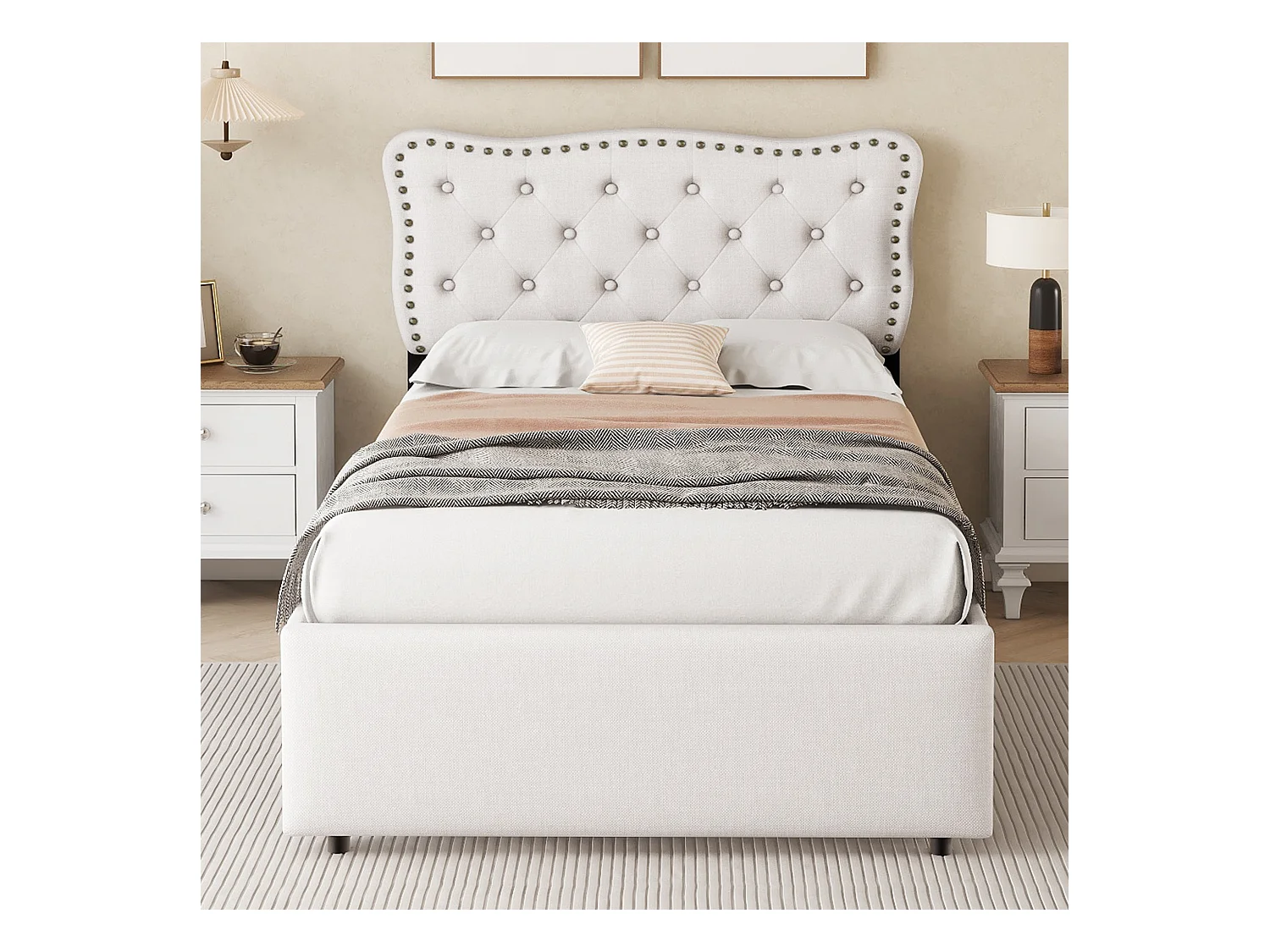 Lit rembourré 90x200 cm beige clair avec tête de lit cloutée, deux tiroirs, structure stable et design épuré
