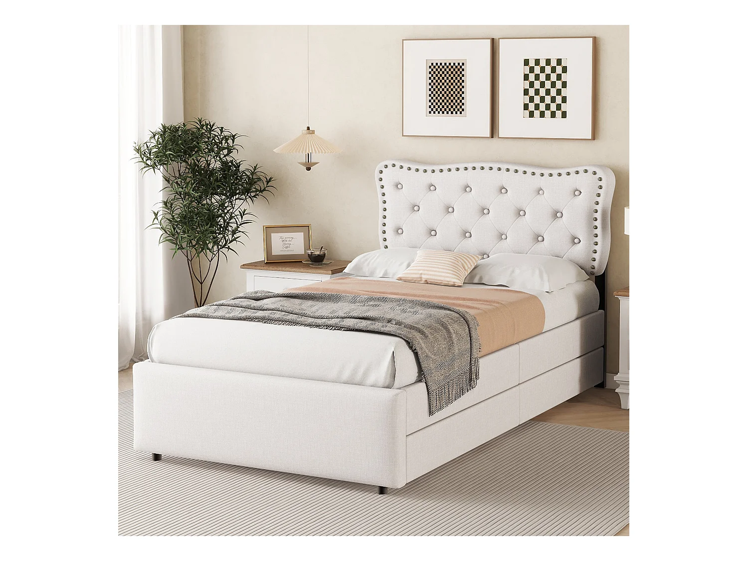 Lit rembourré 90x200 cm beige clair avec tête de lit cloutée, deux tiroirs, structure stable et design épuré