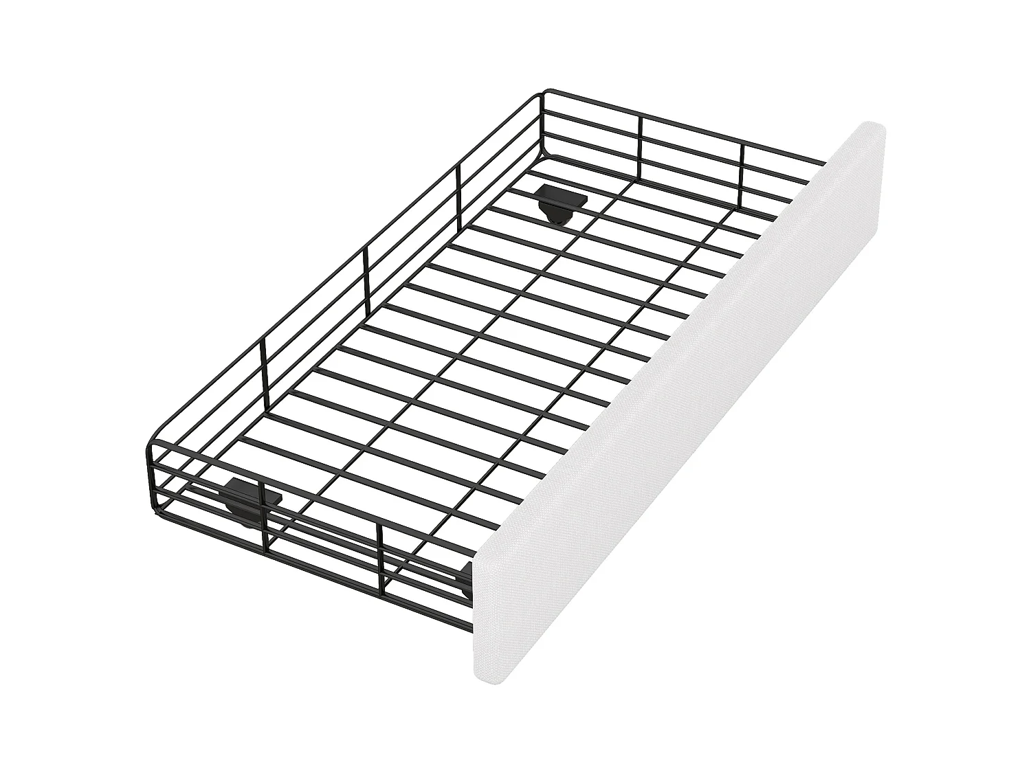 Lit rembourré 90x200 cm beige clair avec tête de lit cloutée, deux tiroirs, structure stable et design épuré