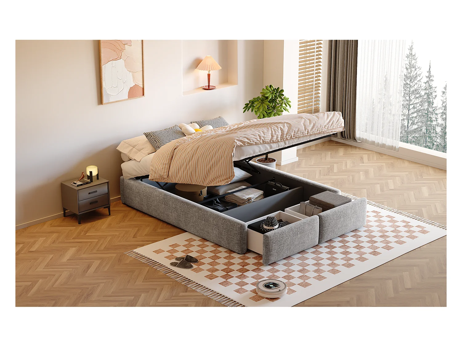 Lit double 140x200 cm, lit rembourré plateforme sans tête de lit, avec rangement hydraulique et 2 tiroirs, Gris