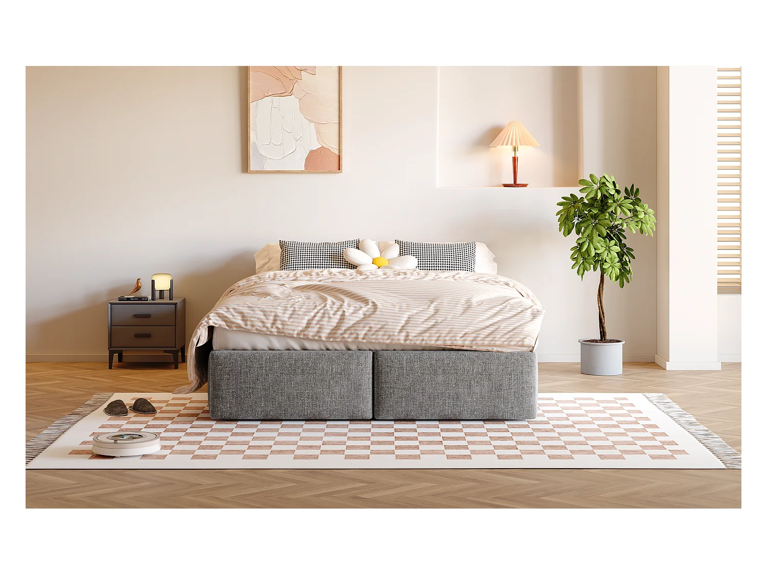 Lit double 140x200 cm, lit rembourré plateforme sans tête de lit, avec rangement hydraulique et 2 tiroirs, Gris